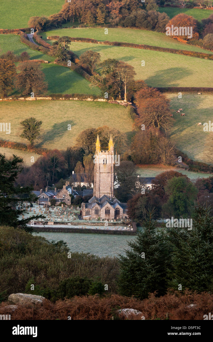 Widecombe-in-the-Moor church at sunrise Stock Photo