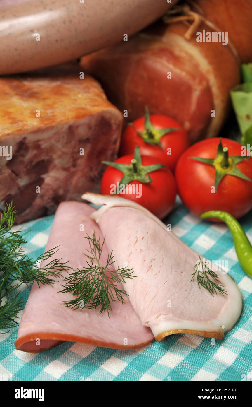 fresh meat and sausages still life concept Stock Photo