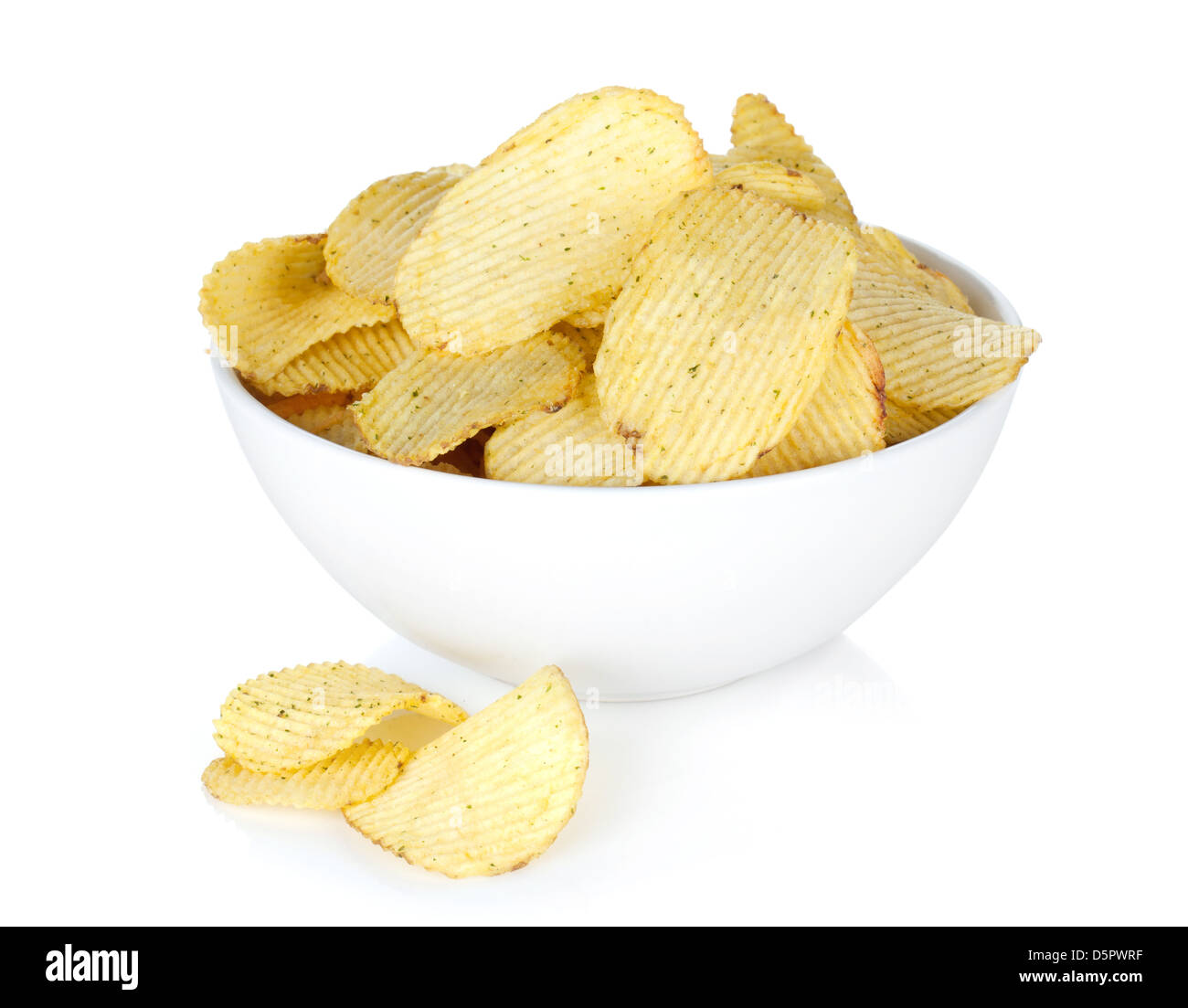 Potato chips in bowl. Isolated on white background Stock Photo - Alamy