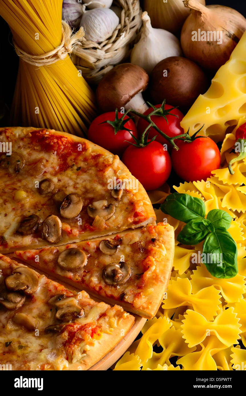 italian food, pizza pasta and ingredients Stock Photo