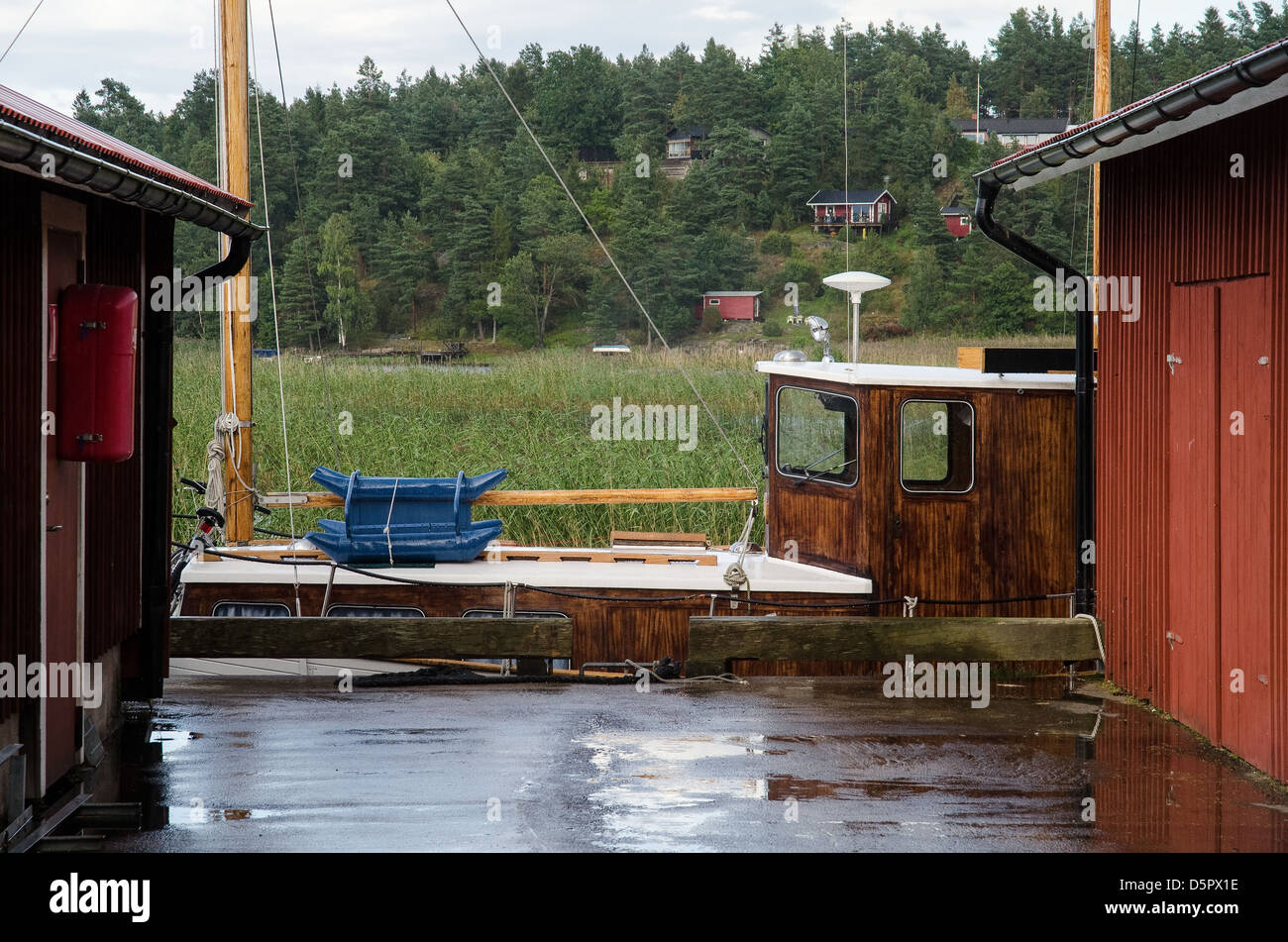 One of Sweden's small inland fishing harbors in Lake Vänern. Spiken fishing harbor in Swedens largest lake. Stock Photo