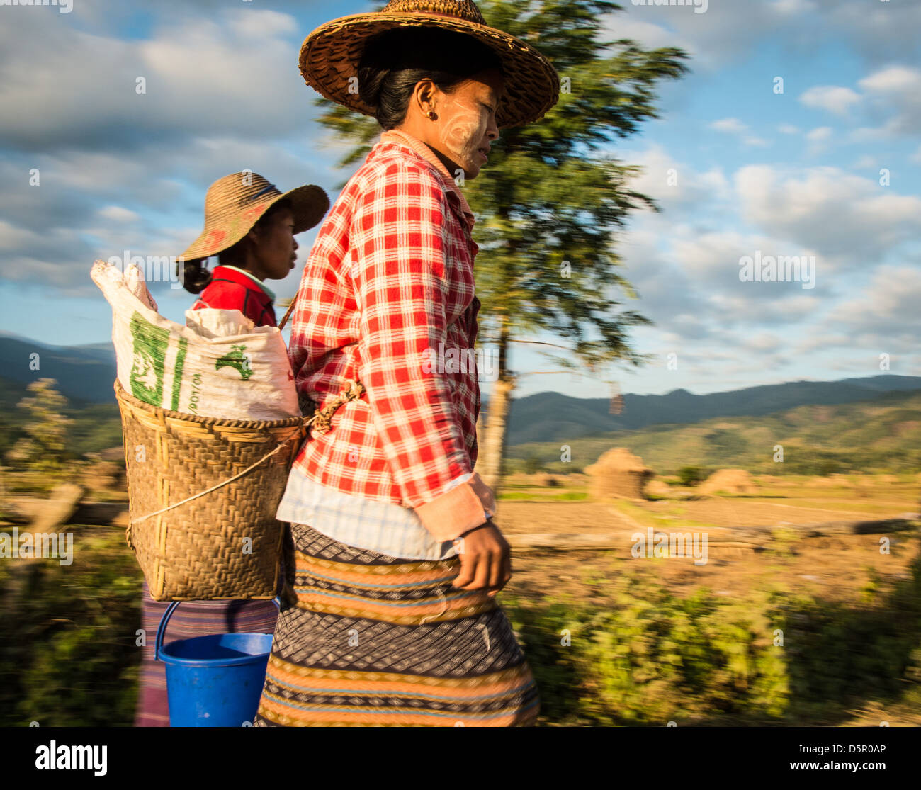 Two women walking to the field in the early morning to begin their daily work. Stock Photo