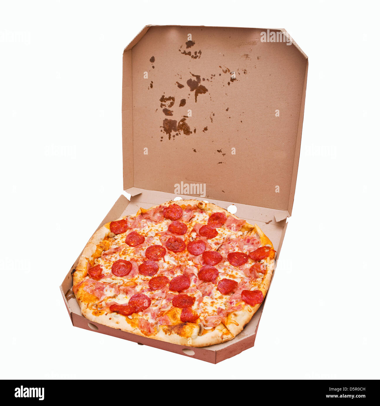 Pepperoni pizza delivery. Tasty pizza with pepperoni sausage in ...