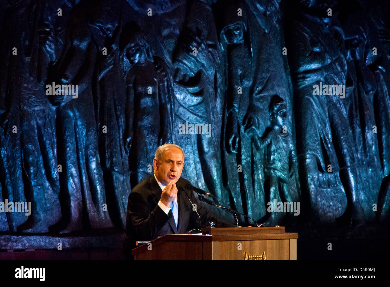 Jerusalem, Israel. 7th April 2013. Prime Minister Benjamin Netanyahu speaks at the opening ceremony for Holocaust Martyrs’ and Heroes’ Remembrance Day at Yad Vashem Holocaust Museum. Jerusalem, Israel. 7-April-2013.  Israel commemorates Holocaust Martyrs’ and Heroes’ Remembrance Day with an opening ceremony at Yad Vashem Holocaust Museum. This year's central theme is 'Defiance and Rebellion during the Holocaust: 70 Years since the Warsaw Ghetto uprising'. Credit: Nir Alon / Alamy Live News Stock Photo