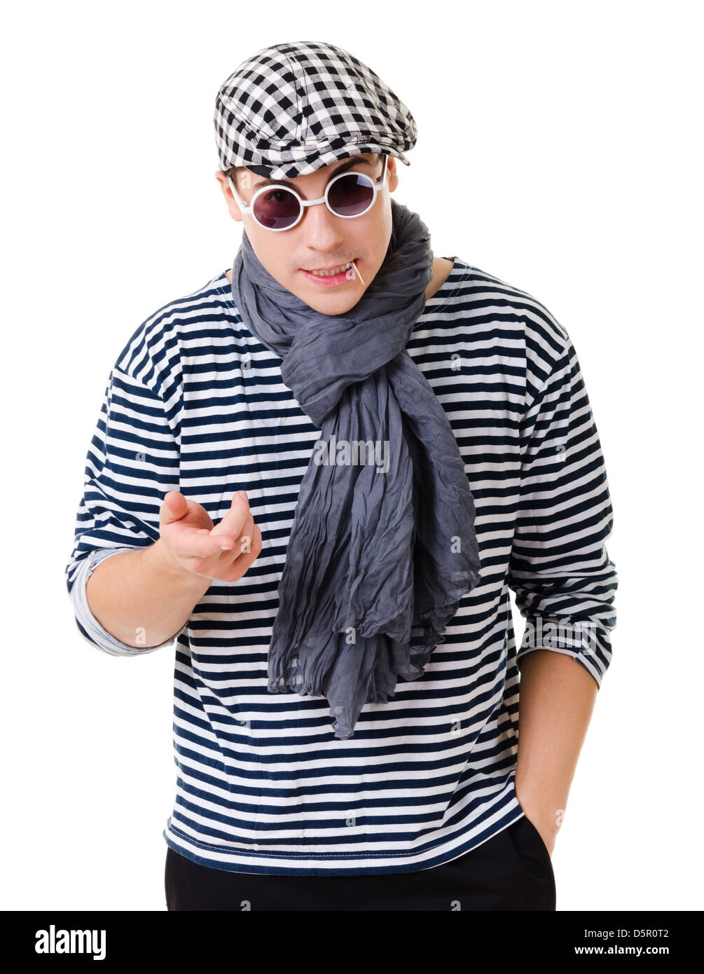 Young suspicious looking stylish twister man in striped clothes isolated on white background Stock Photo