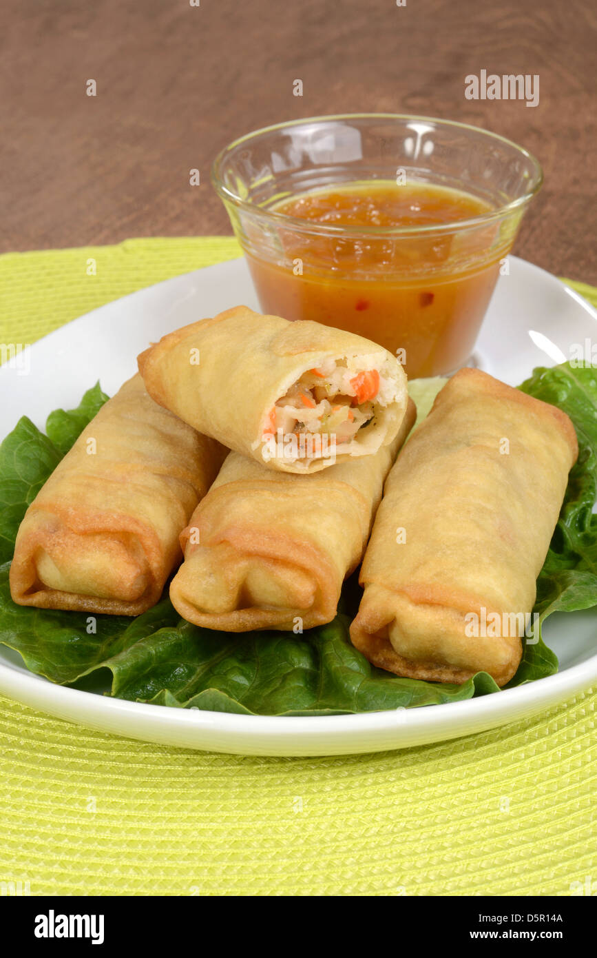 Vegetable spring rolls with plum sauce Stock Photo