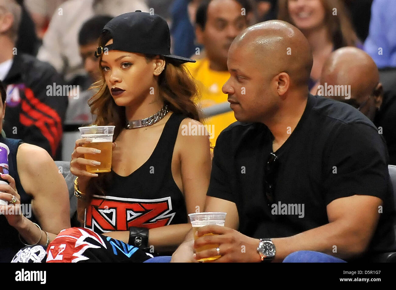 Los Angeles, California, USA. 7th April 2013. R&B Recording Artis Rihanna Robyn Fenty attends the NBA Basketball game between the Los Angeles Lakers and the Los Angeles Clippers at Staples Center in Los Angeles, California..The Los Angeles Clippers defeat the Los Angeles Lakers 109-95.Louis Lopez/CSM/Alamy Live News Stock Photo