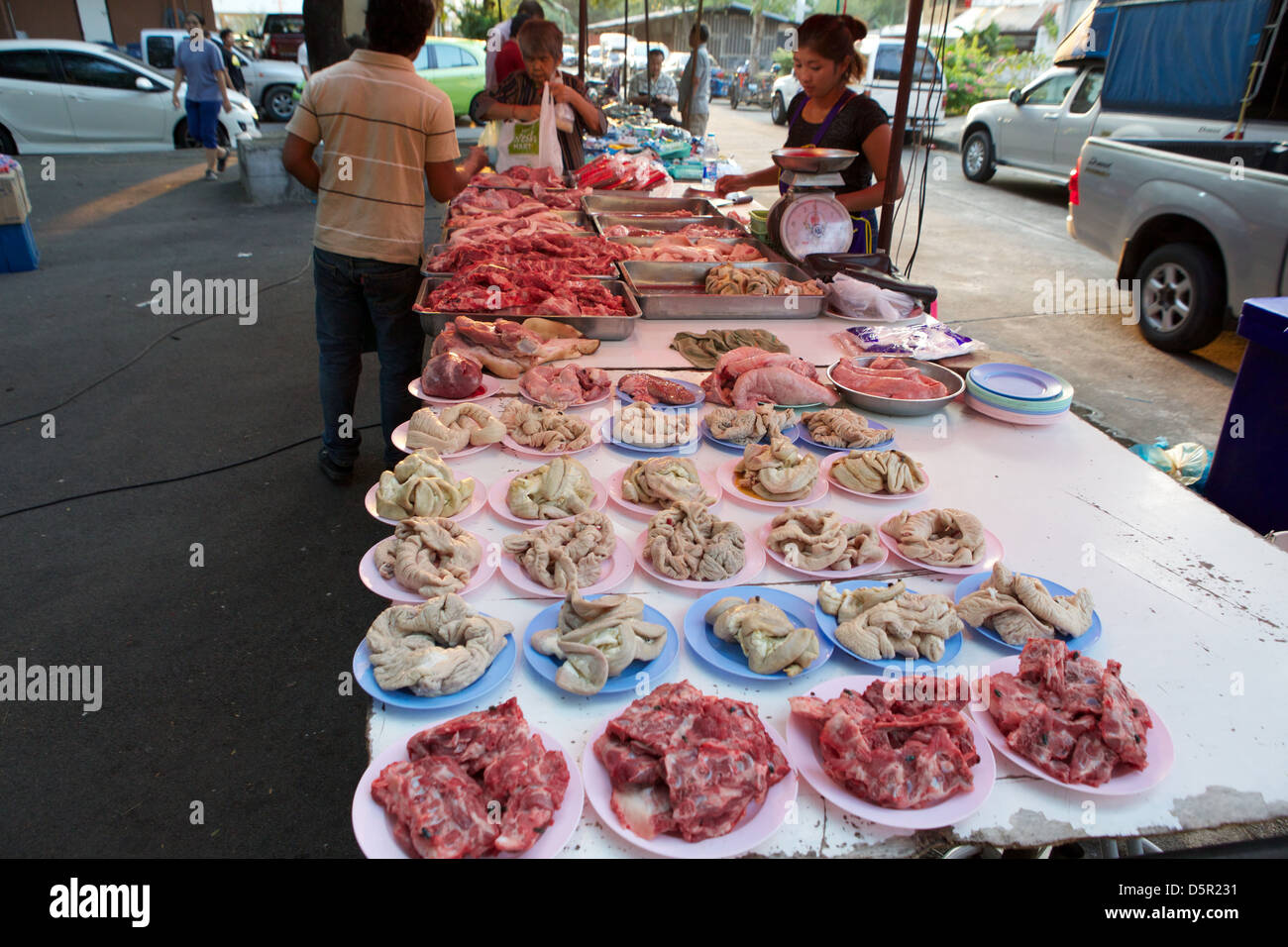 Meat for sale in an open air market in Bangkok Thailand Stock Photo