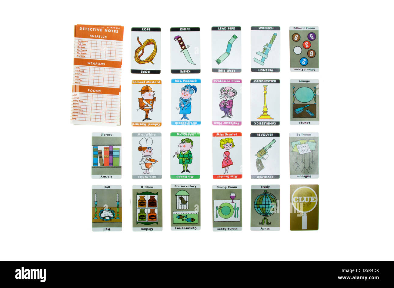 Twenty-two cards and scorepad from a vintage Clue board game (circa 1960-1970). Stock Photo