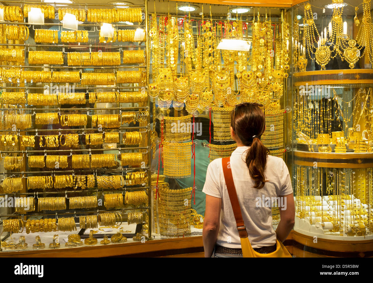 Window display of gold jewellery in Gold Souk in Deira Dubai United Arab Emirates Stock Photo