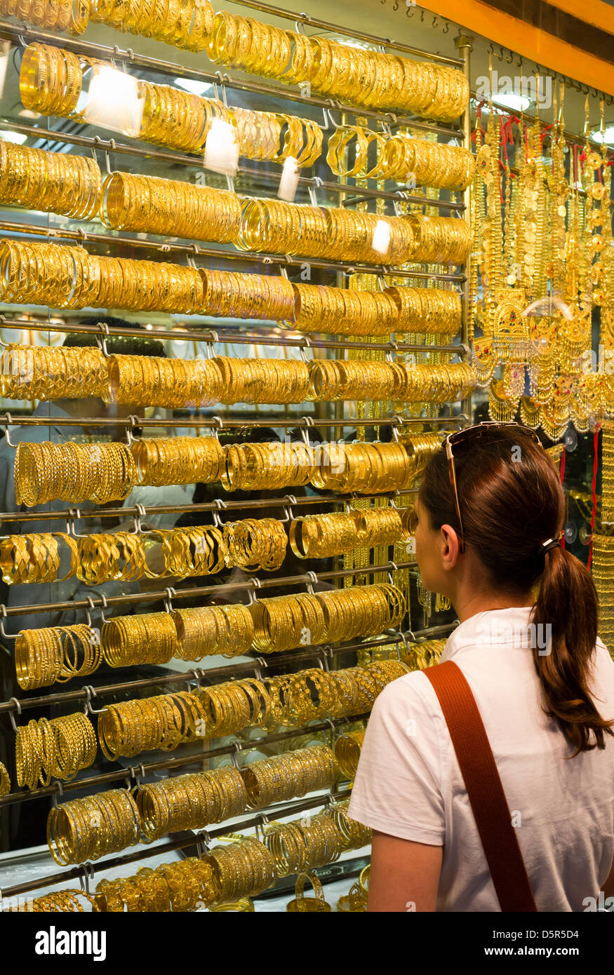 Window display of gold jewellery in Gold Souk in Deira Dubai United Arab Emirates Stock Photo