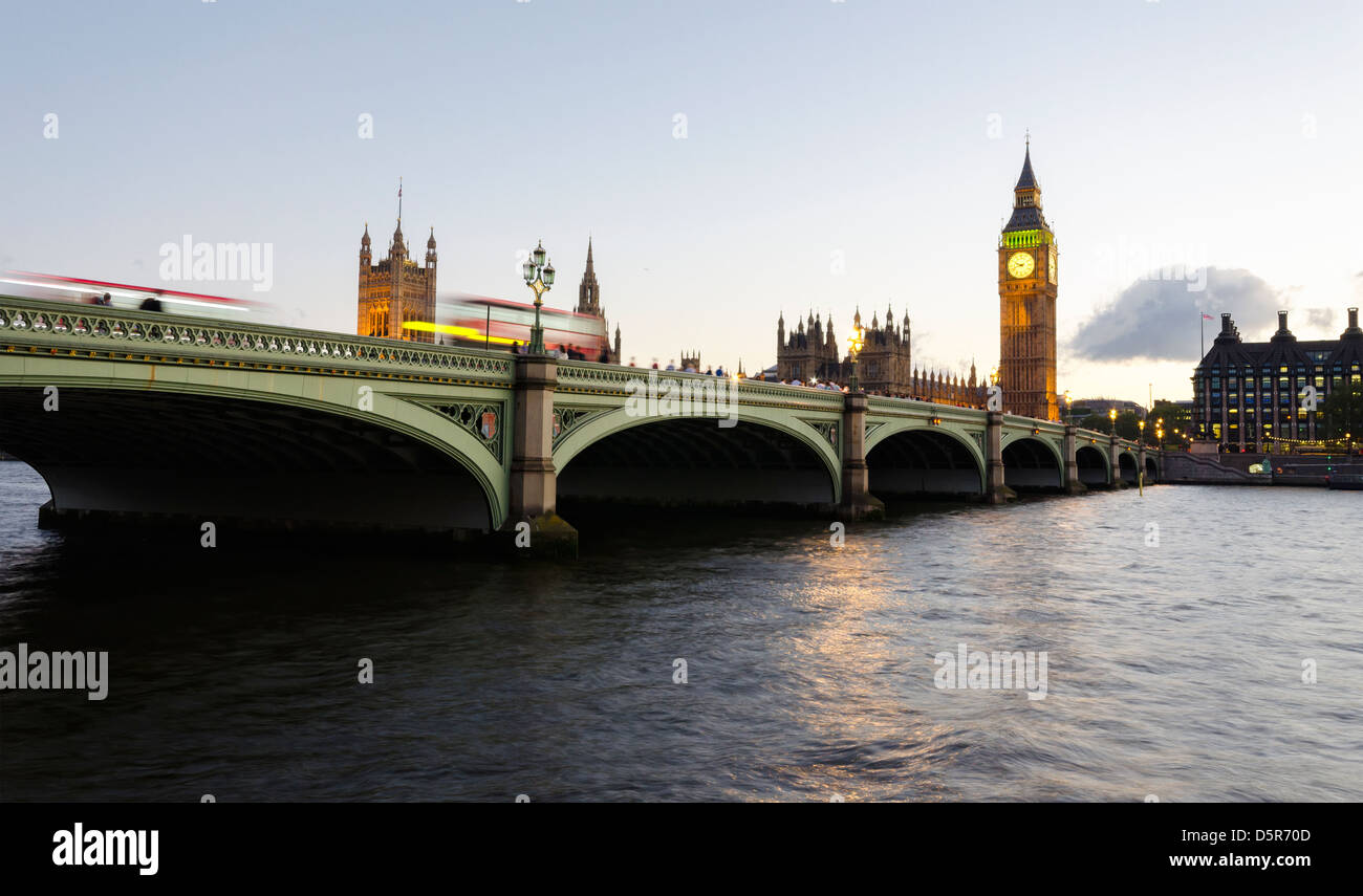 Westminster Bridge in London with Big Ben and the houses of parliament. Stock Photo