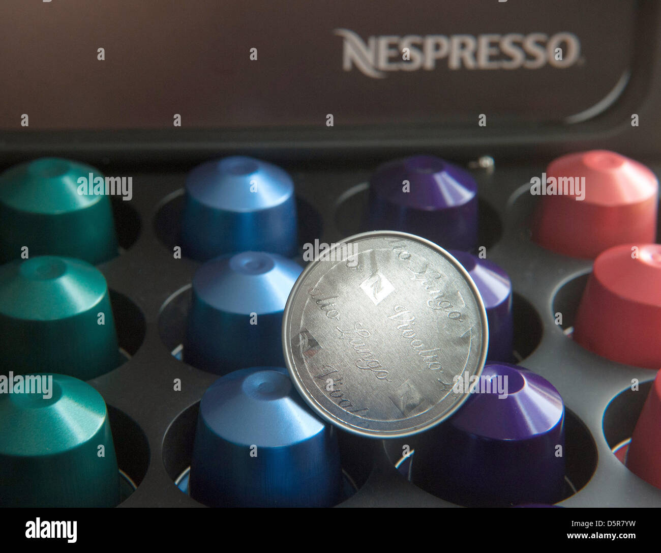 Nespresso Capsules with coffee lie in a display box of Nespresso in  Liederbach, Germany, 23 February 2013. Cheaper competing producers of  coffee capsules are furthermore allowed to point out that they are