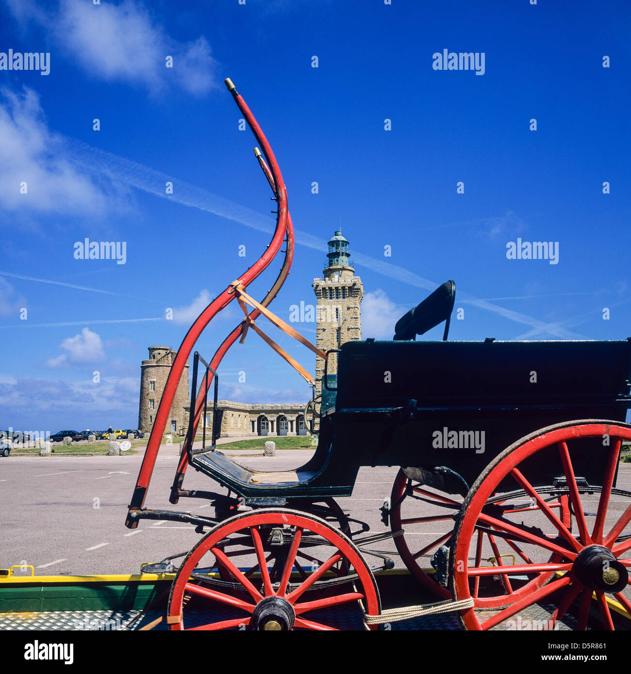 Horse drawn barouche and lighthouses Frehel cape Brittany France Europe