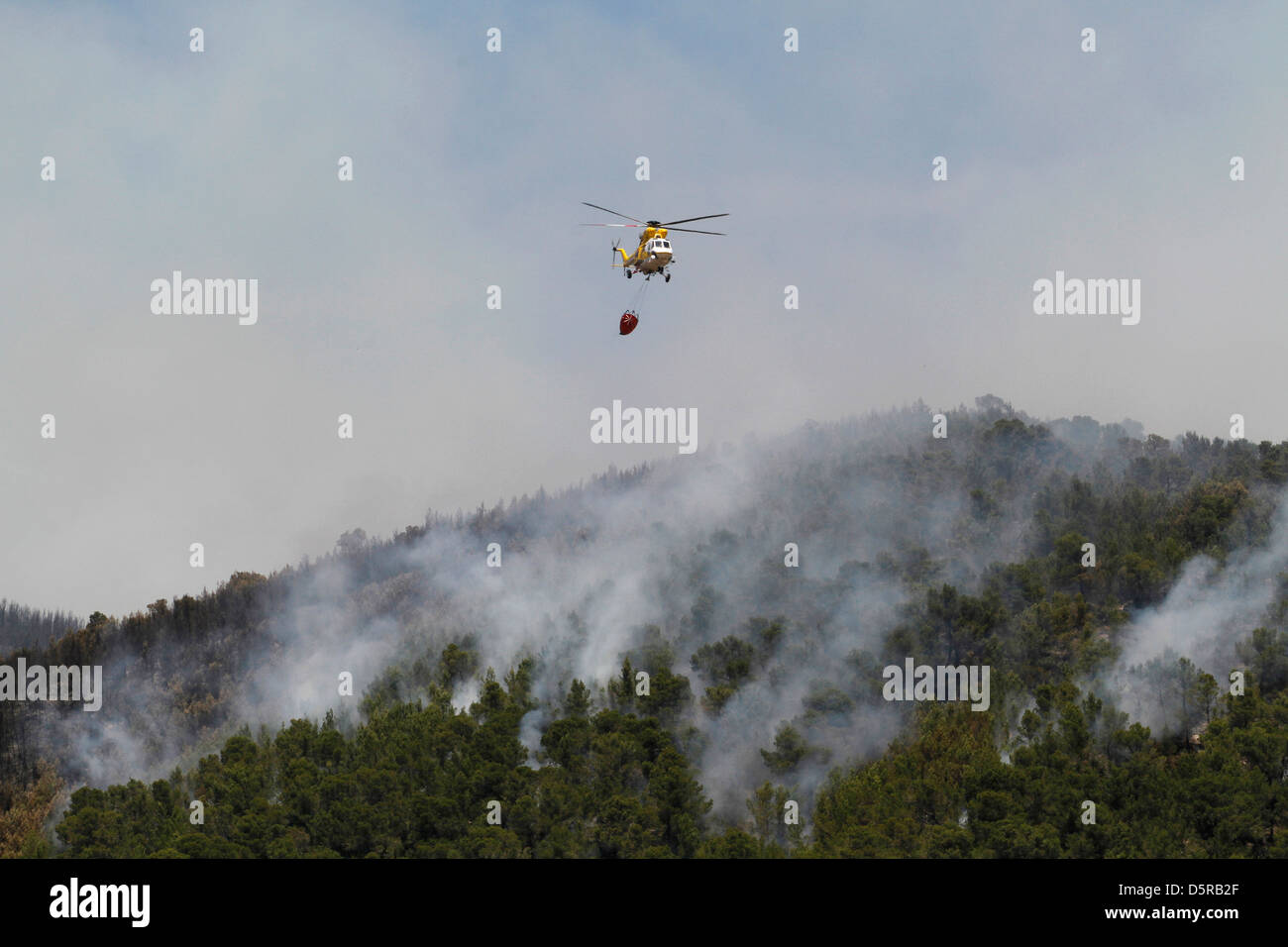 A fire extinguisher helicopter flies over a burning forest in the