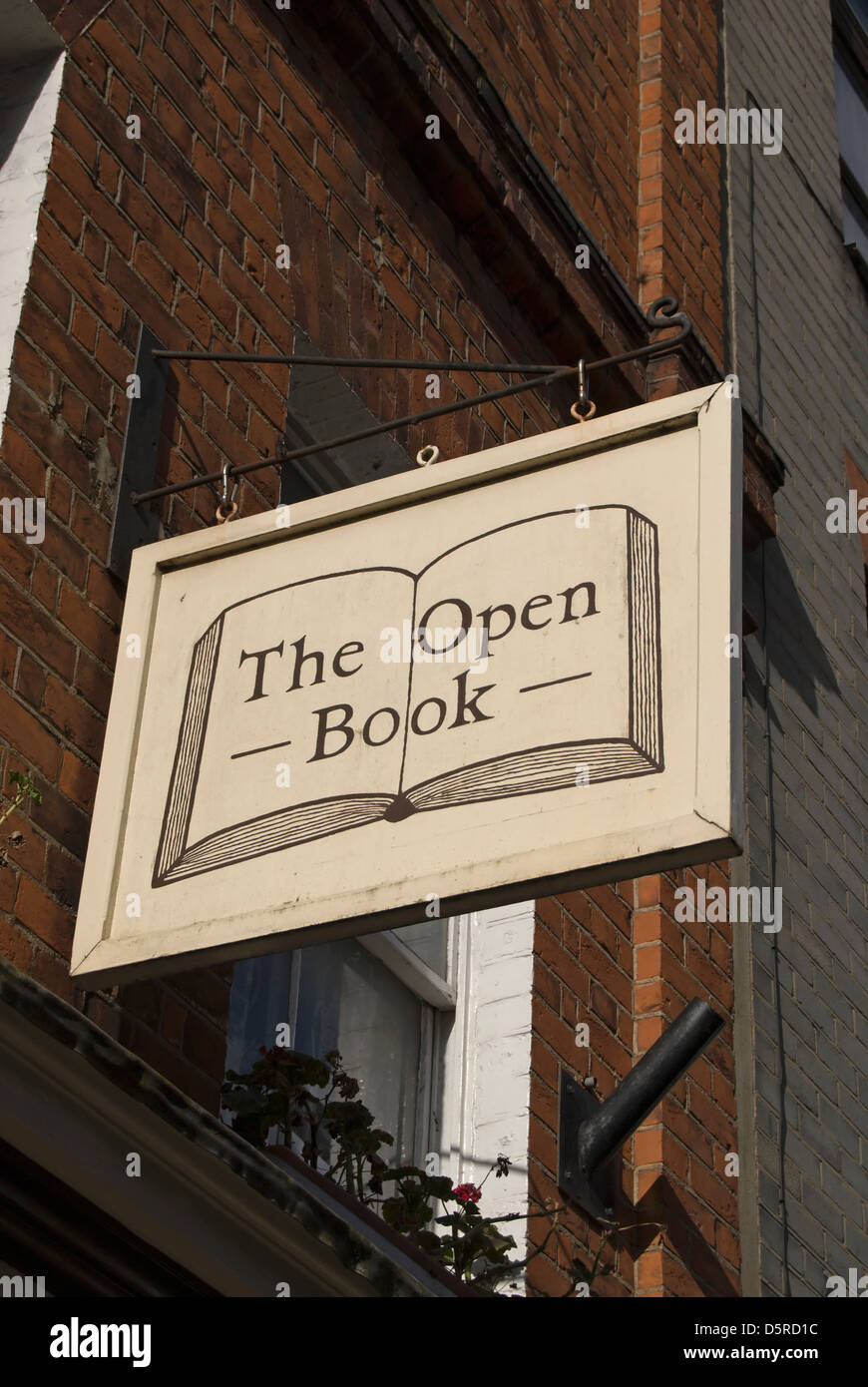 hanging sign for the open book, an independent book shop in richmond upon thames, surrey, england Stock Photo