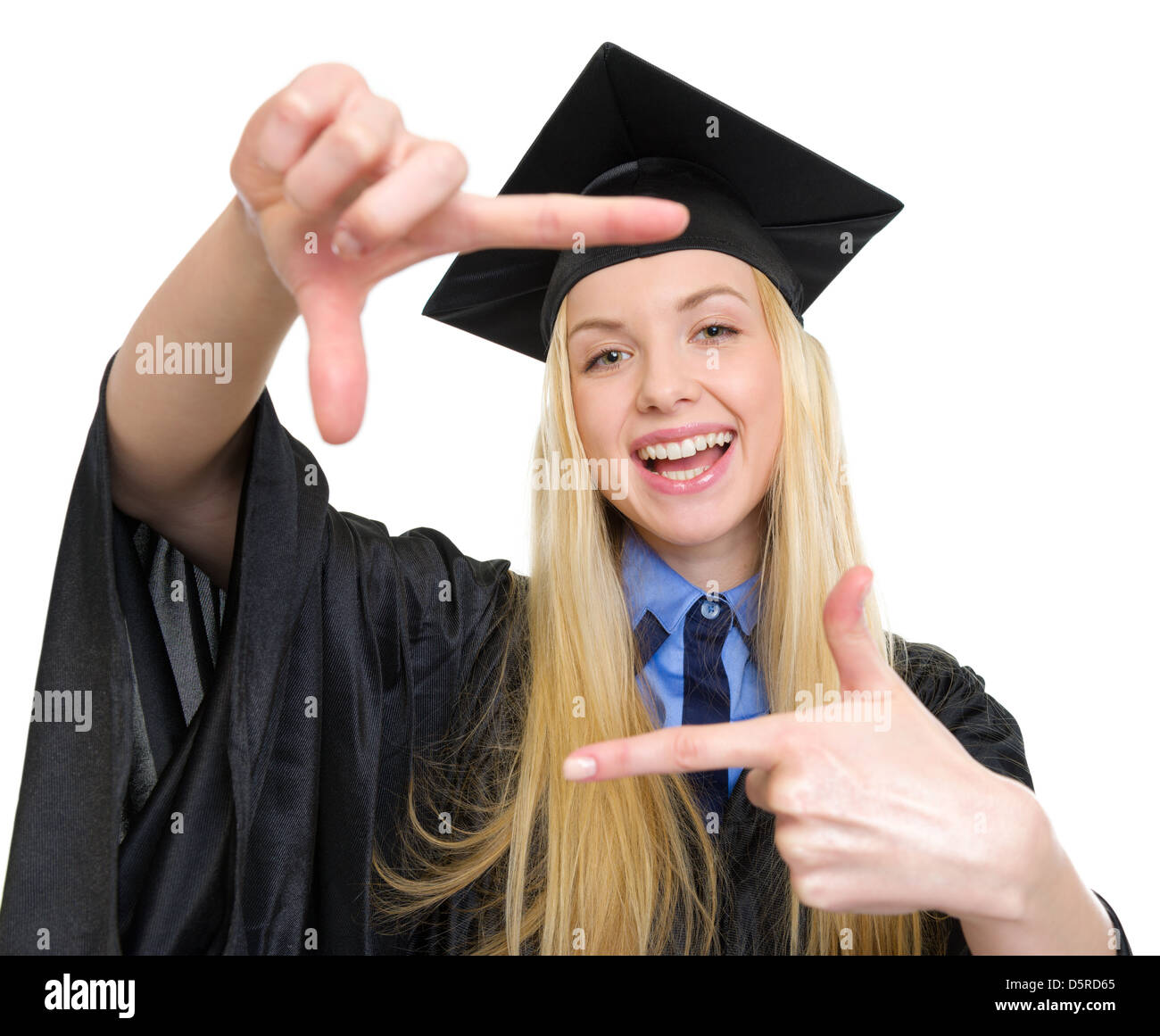 Happy young woman in graduation gown framing with hands Stock Photo Alamy