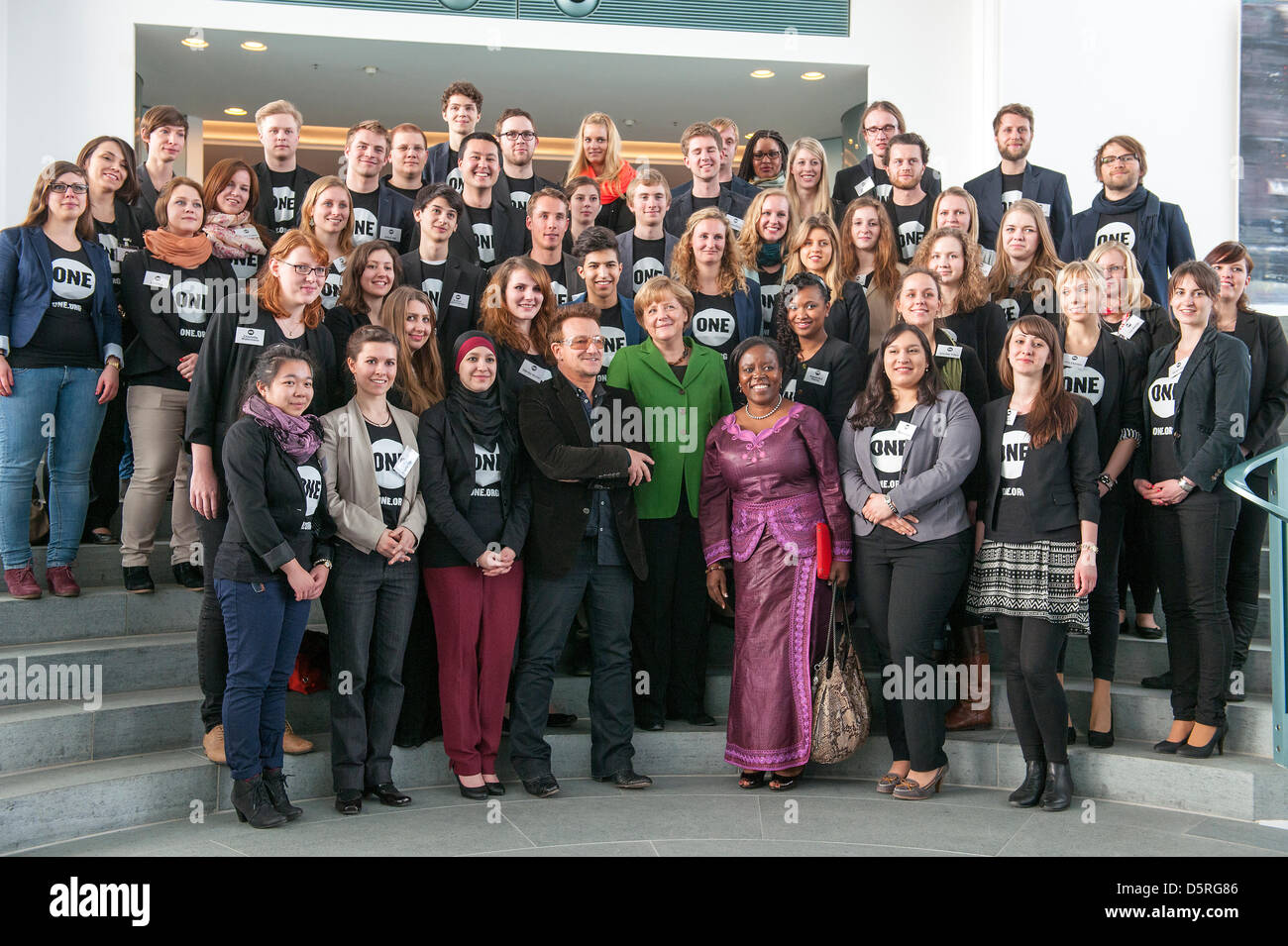 Berlin, Germany. 8th April 2013. German Chancellor Angela Merkel receives the Youth Ambassadors of the development organization ONE.  ONE engages primarily in cooperation in Africa. The Youth Ambassadors will be accompanied by the vocalist of the band U2 Bono (Paul David Hewson), founder of the organization. Credit Credit: Gonçalo Silva/Alamy Live News. Stock Photo