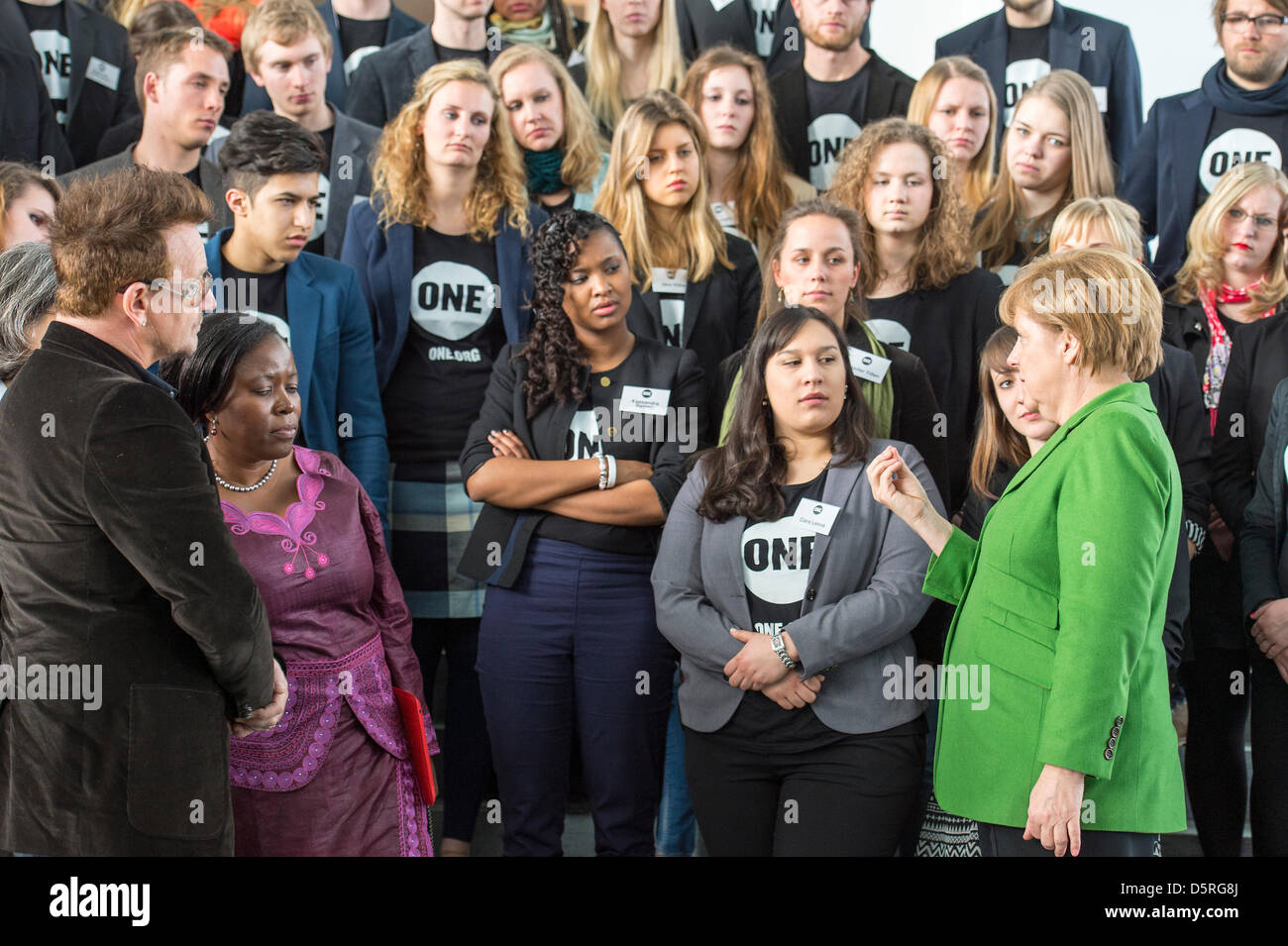 Berlin, Germany. 8th April 2013. German Chancellor Angela Merkel receives the Youth Ambassadors of the development organization ONE.  ONE engages primarily in cooperation in Africa. The Youth Ambassadors will be accompanied by the vocalist of the band U2 Bono (Paul David Hewson), founder of the organization. Credit Credit: Gonçalo Silva/Alamy Live News. Stock Photo