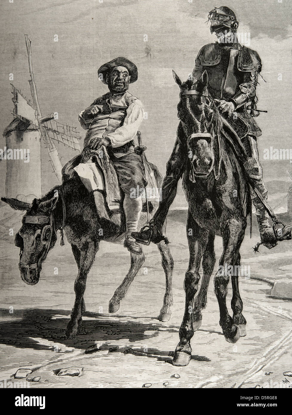 The Ingenious Hidalgo Don Quixote of La Mancha by Cervantes. Don Quixote and Sancho Panza after the adventure of the windmills Stock Photo
