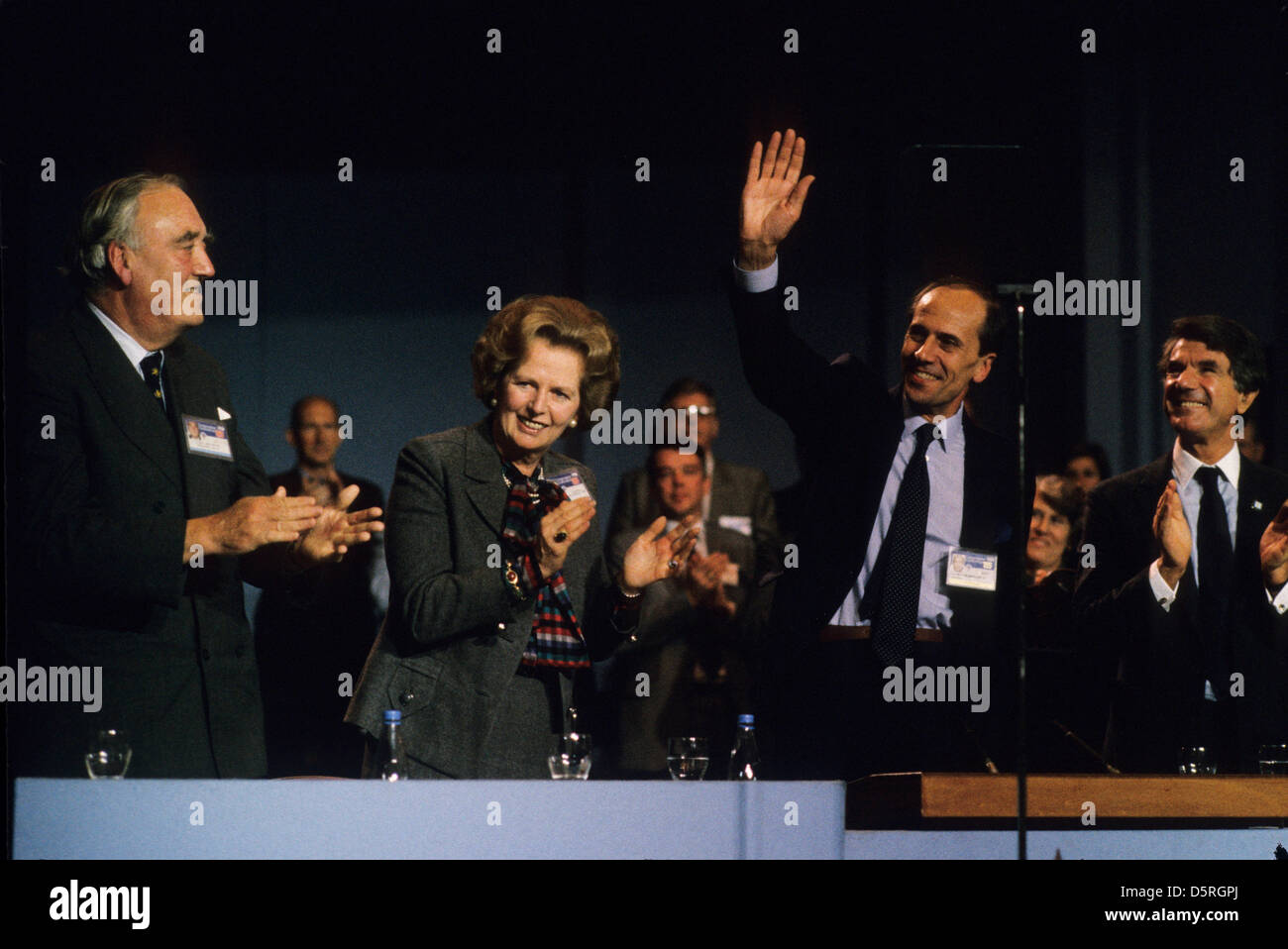Prime Minister Margaret Thatcher at Conservative Party Conference Blackpool, England, 1985 with on left Willie Whitelaw and waving Norman Tebbit. Credit: Brian Harris Stock Photo