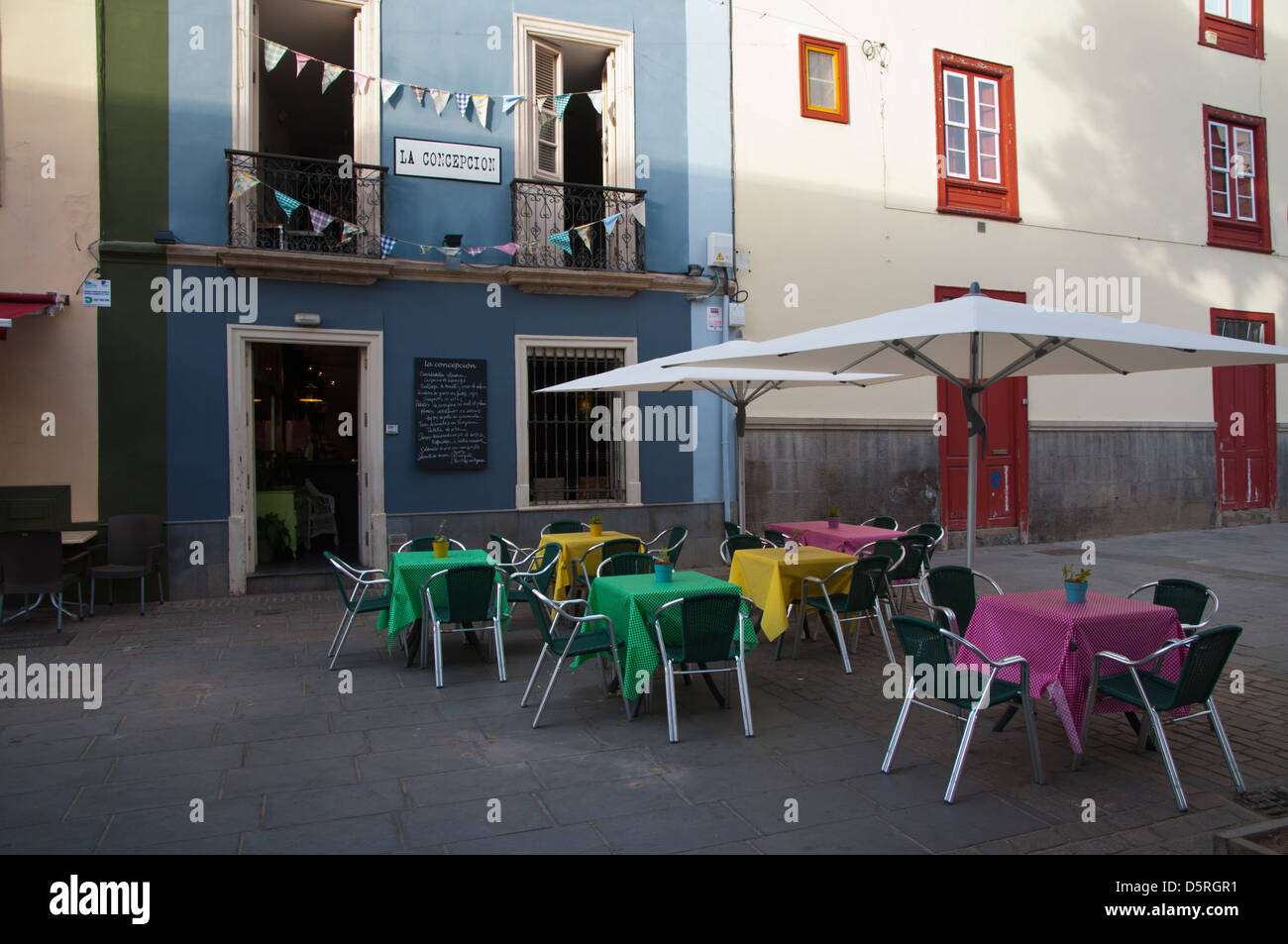 Terrace of La Concepcion restaurant next at Plaza de la Iglesia square Santa Cruz city Tenerife island Canary Islands Spain Stock Photo