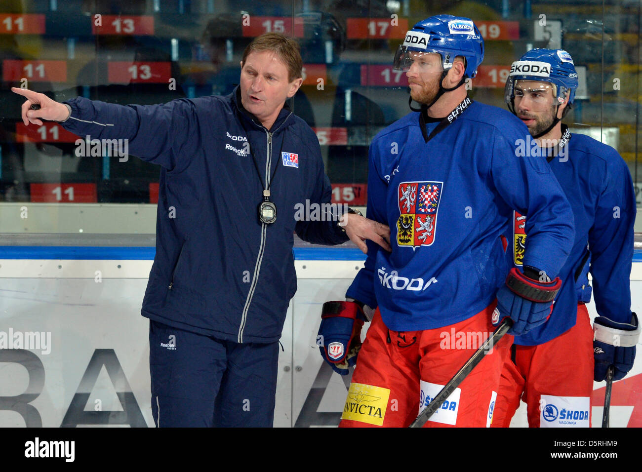 Prague, Czech Republic. 8th April, 2013. From left: Czech coach Alois Hadamczik, player Jiri Novotny and Zbynek Irgl are seen during the training session of Czech national ice hockey team prior to the preparatory matches for the Ice Hockey World Championship in Prague, Czech Republic, April 8, 2013. (CTK Photo/Vit Simanek) Stock Photo