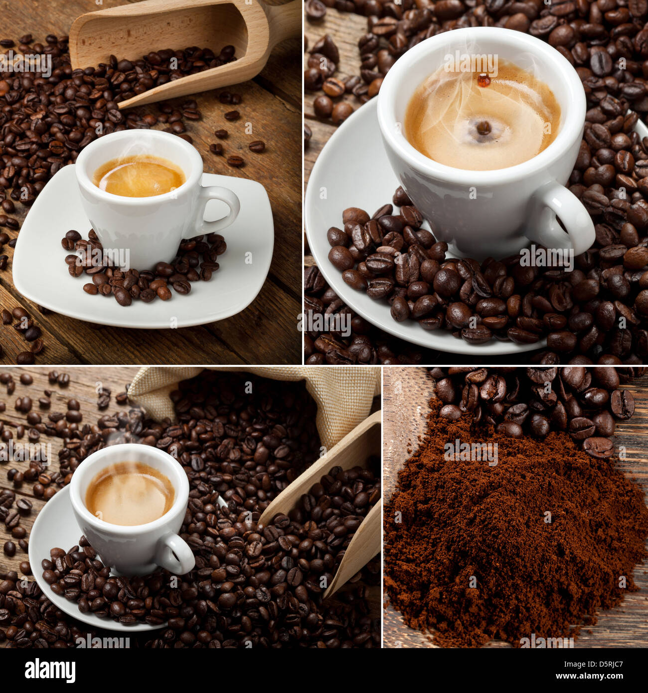 Collage De Cuatro Cerca De Una Máquina De Café Espresso Hacer Una