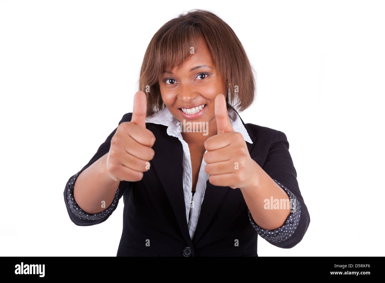 Smiling black african american business woman making thumbs up ...