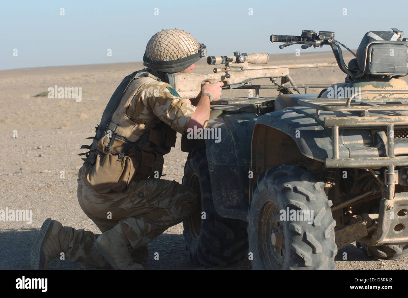 Afghanistan , British, army, helmand, province, Camp, Bastion, Helmand Province, Afghanistan,sniper,sniper fife, quad bike, Stock Photo