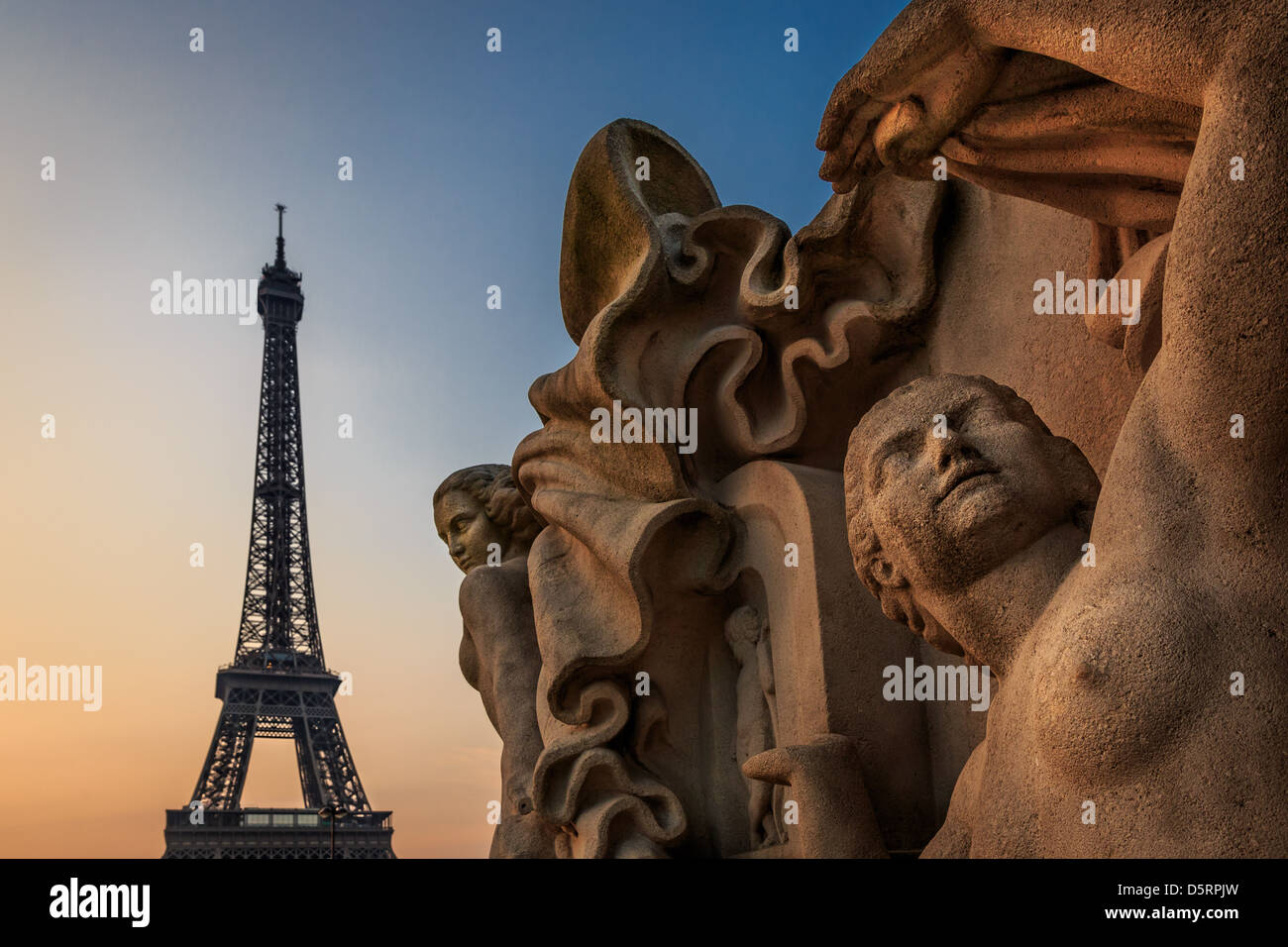 Sculptures from Jardins du Trocadero with the Eiffel Tower in the background, Paris, France Stock Photo