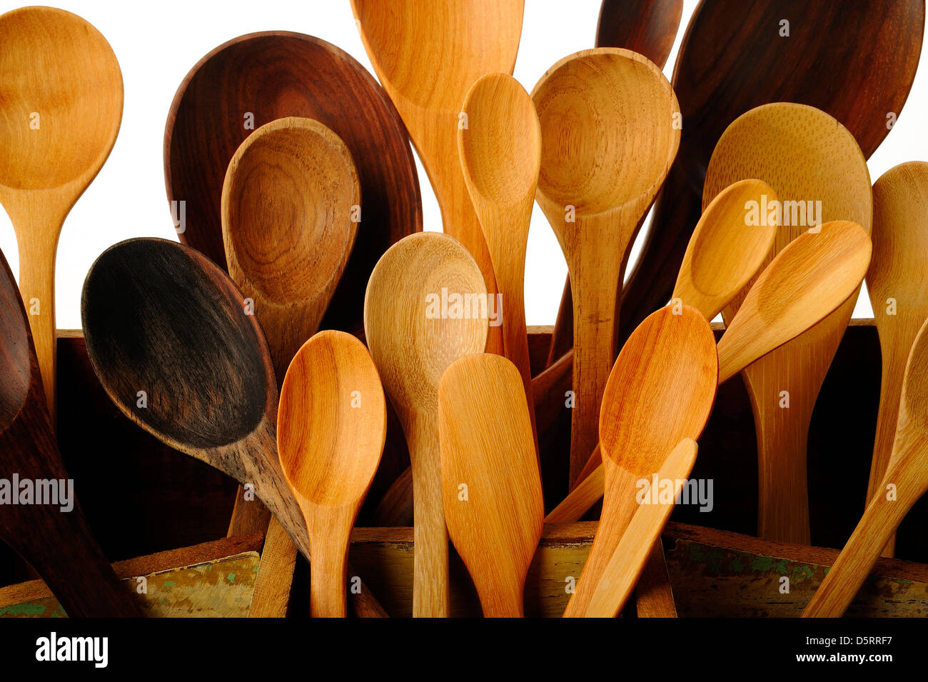 collection of wooden kitchen utensils in wooden box Stock Photo Alamy