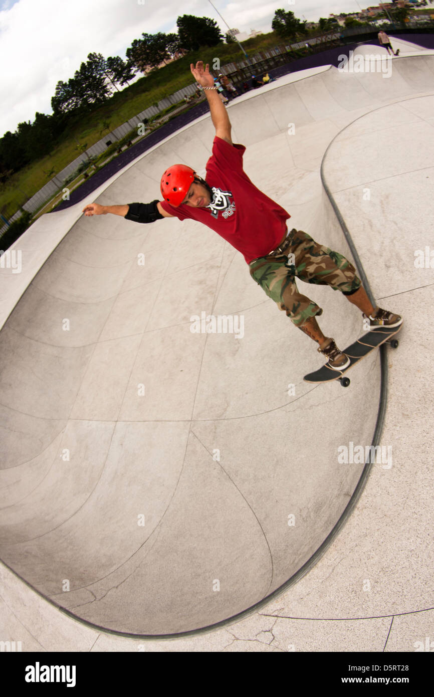 pro rider performing tricks in skateboard at São Bernardo do Campo Skate Park Stock Photo