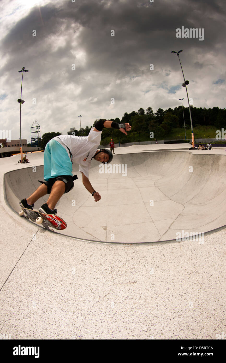 pro rider performing tricks in skateboard at São Bernardo do Campo Skate Park Stock Photo