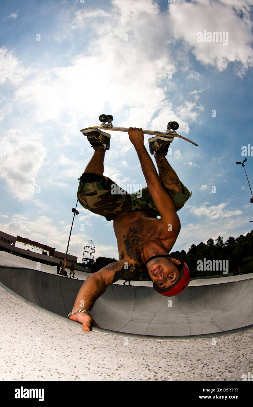 pro rider performing tricks in skateboard at São Bernardo do Campo Skate Park Stock Photo