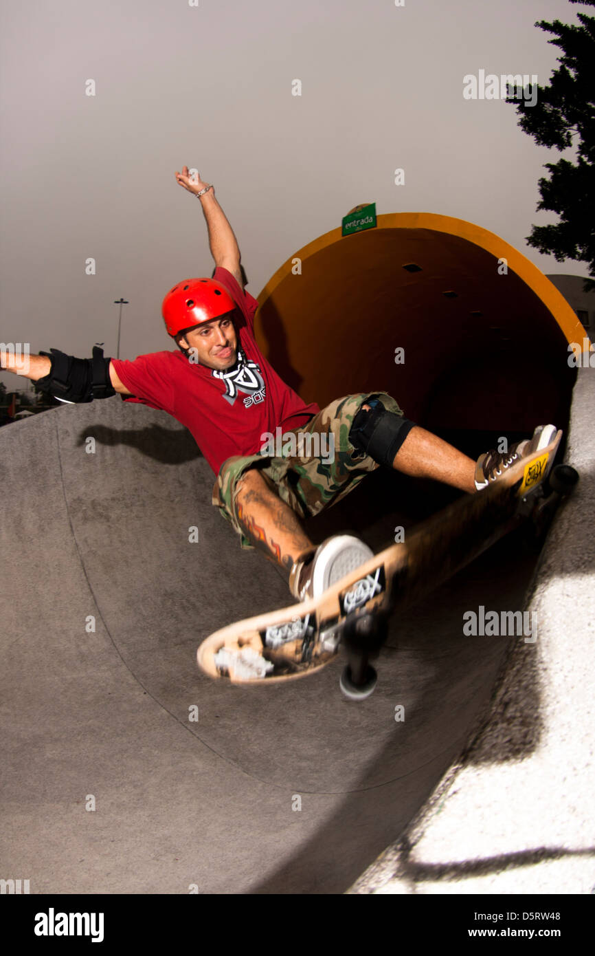 pro rider performing tricks in skateboard at São Bernardo do Campo Skate Park Stock Photo