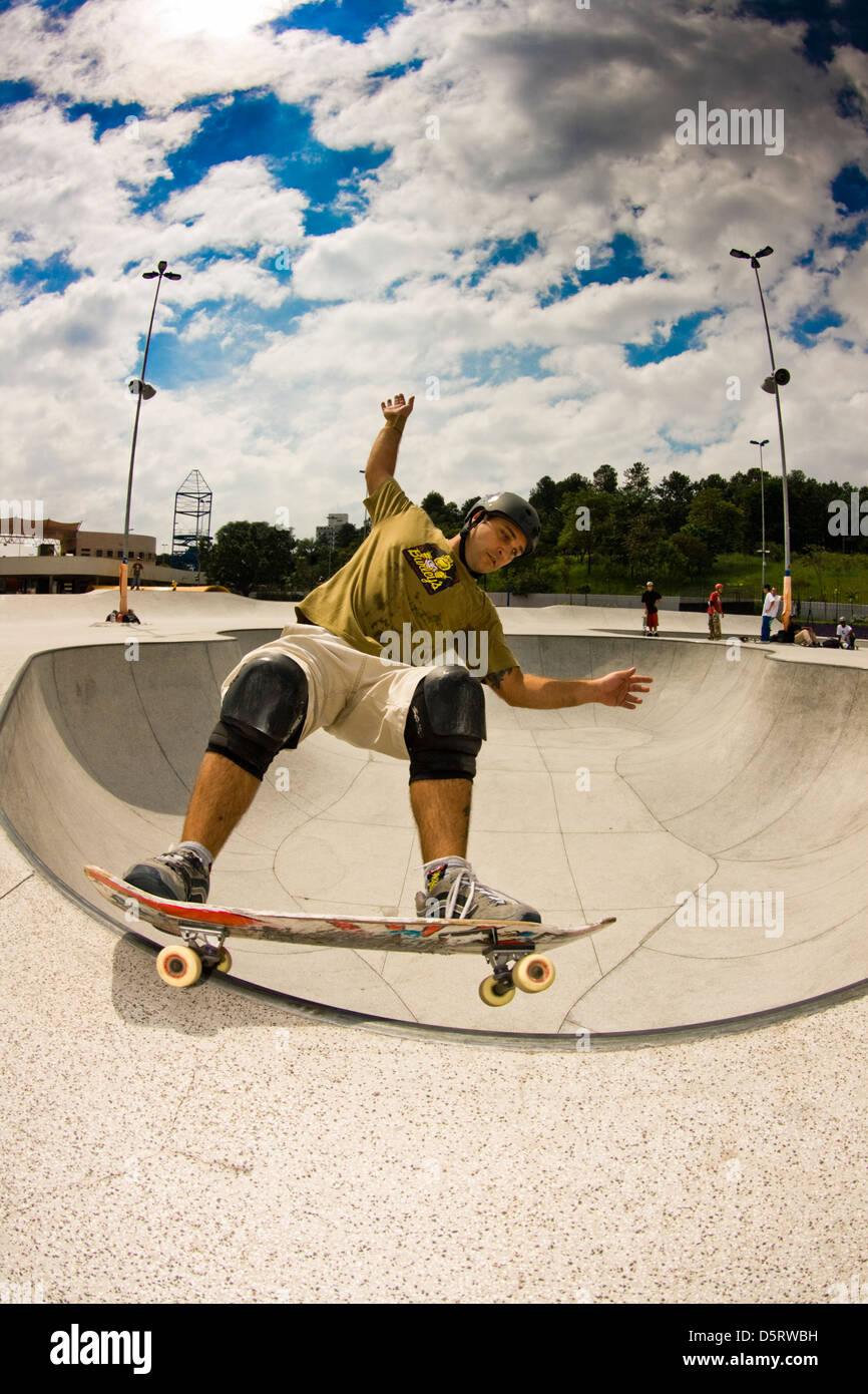 pro rider performing tricks in skateboard at São Bernardo do Campo Skate Park Stock Photo