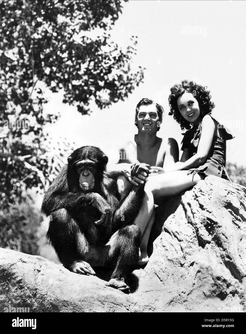 JOHNNY WEISSMULLER, MAUREEN O'SULLIVAN, TARZAN ESCAPES, 1936 Stock Photo