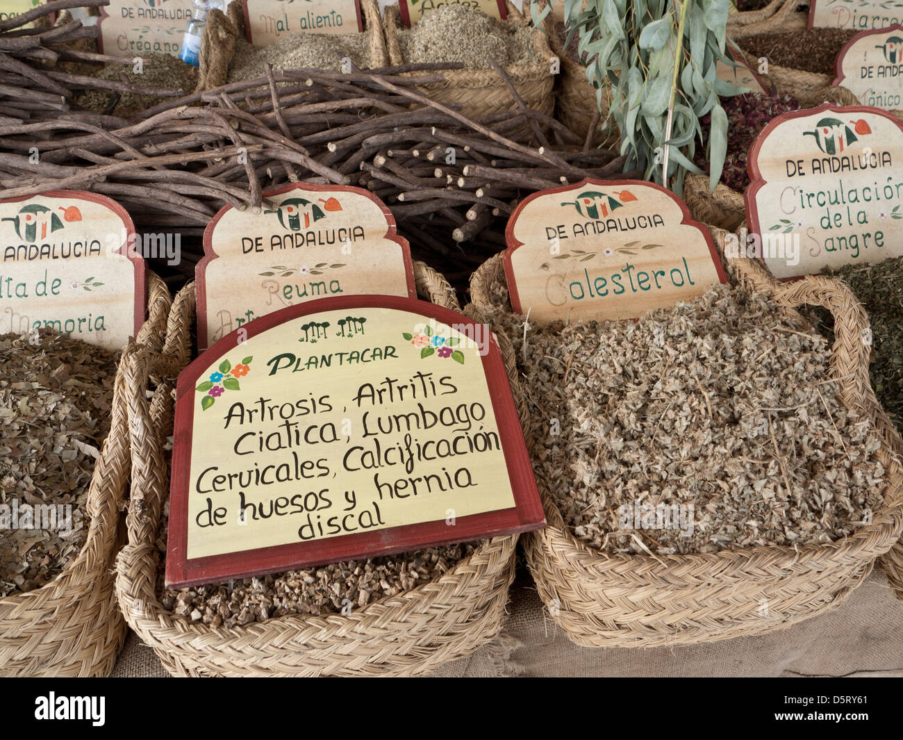 PALMA MARKET Variety of herbs herbal medicinal curative remedies on display for sale Palma de Mallorca market stall  Spain Stock Photo
