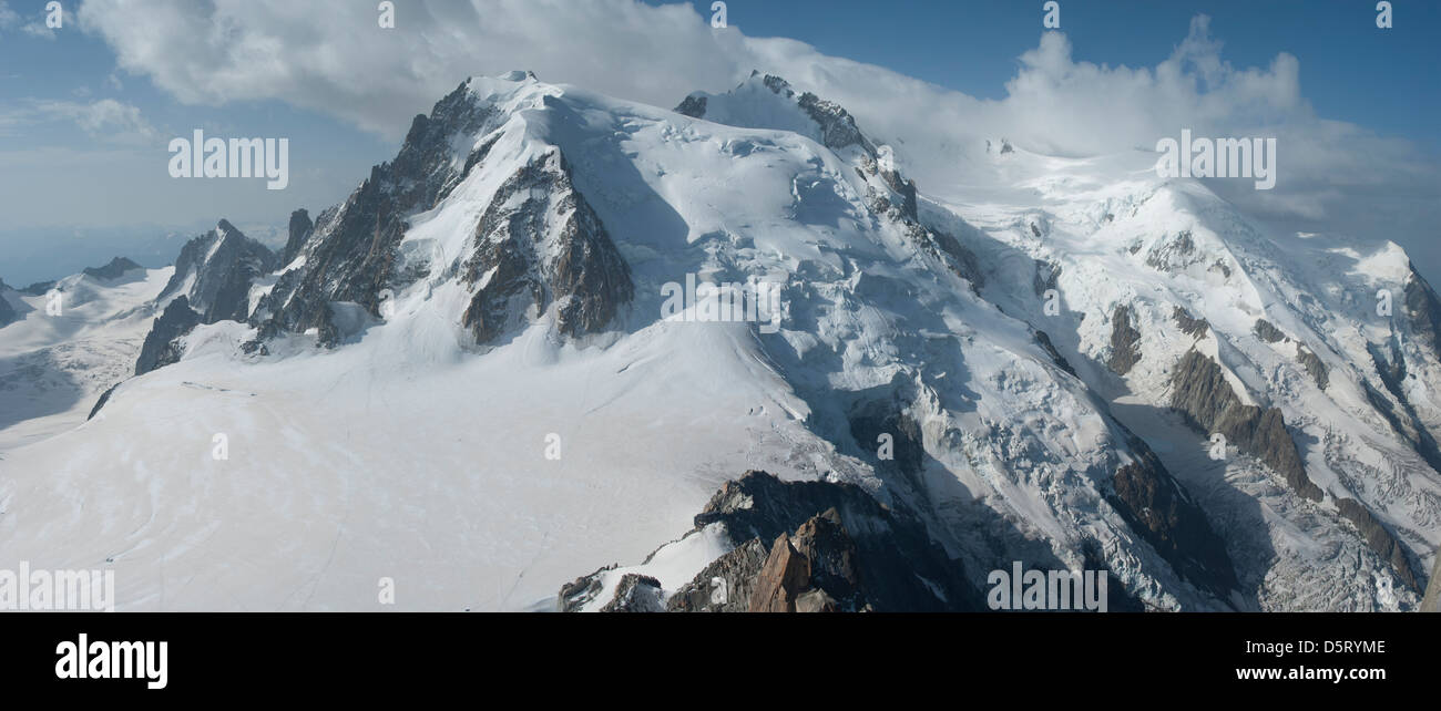 Chamonix, France, a fine art panoramic image of the stunning Mont Blanc Massif, taken from the Aiguille du Midi, across the valley blanche Stock Photo