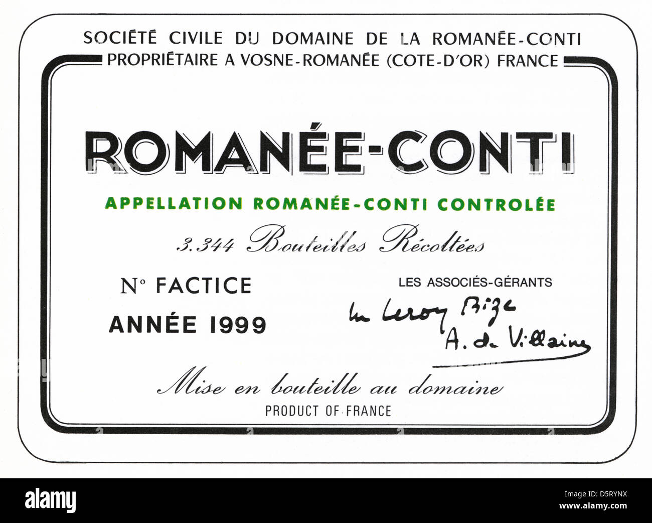 1999 Wine bottle label 'Domaine Romanée-Conti' the most rarefied and expensive Pinot Noir wine in the world Vosne Romanée Burgundy France Stock Photo