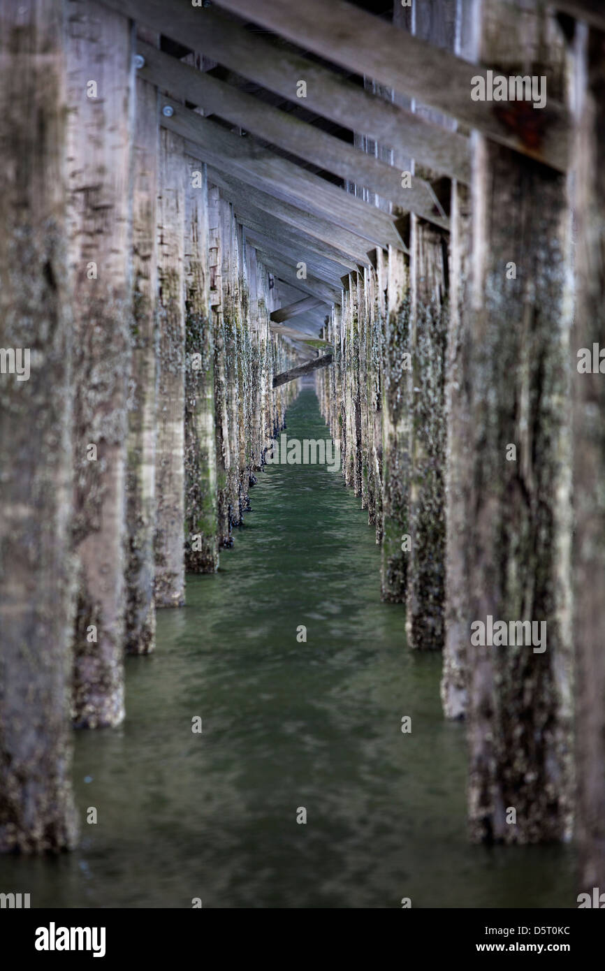 Details of wooden pillars at  Powder Point Duxbury Bridge ,  Massachusetts, USA Stock Photo