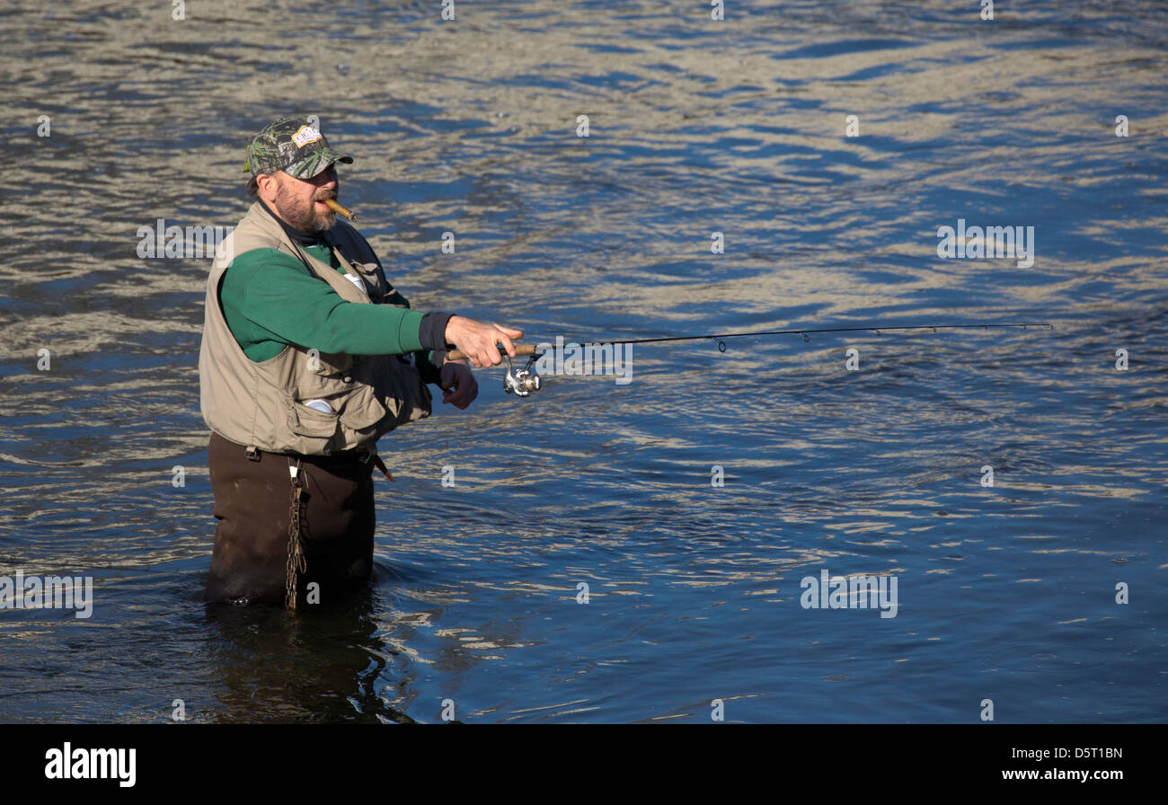 Fisherman wading standing in a river fishing for trout Stock Photo Alamy