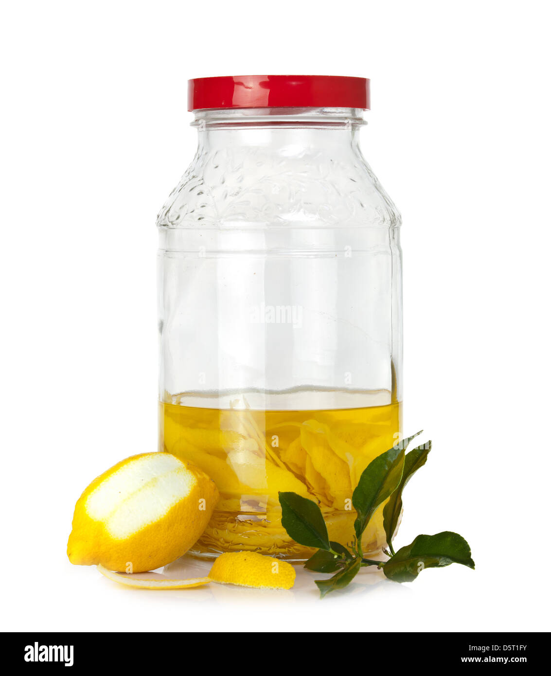 Italian alcoholic beverage - lemon peel in fermentation for limoncello Stock Photo