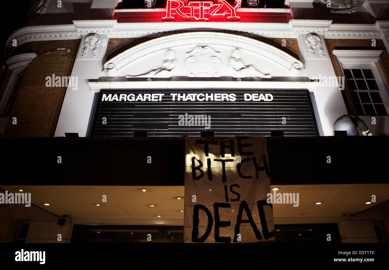 London, UK. 08 April 2013. People celebrating the death of Baroness Thatcher at a 'party' in Brixton rearrange the lettering above the Ritzy Cinema, London. The ex PM died earlier in the morning at the Ritz Hotel in central London where she had been staying due to poor health. George Henton / Alamy Live News. Stock Photo