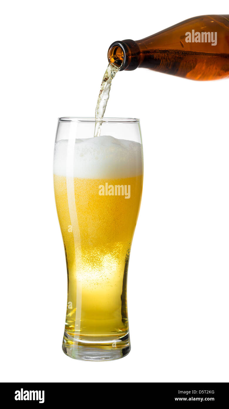 Topping up light beer from bottle to glass isolated on white Stock Photo