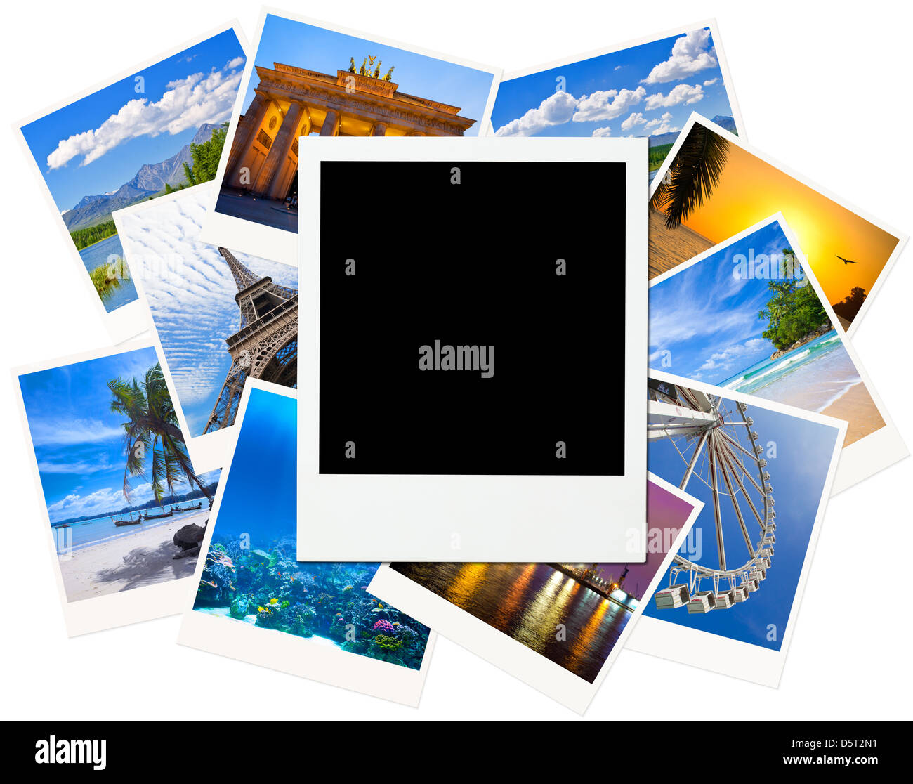 Instant photo frame over traveling pictures isolated on white Stock Photo