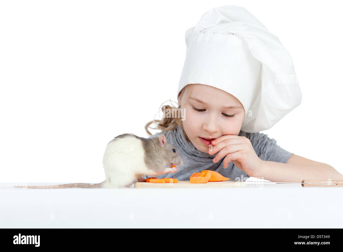 Chef girland domestic rat eating healthy food together. Isolated on white Stock Photo