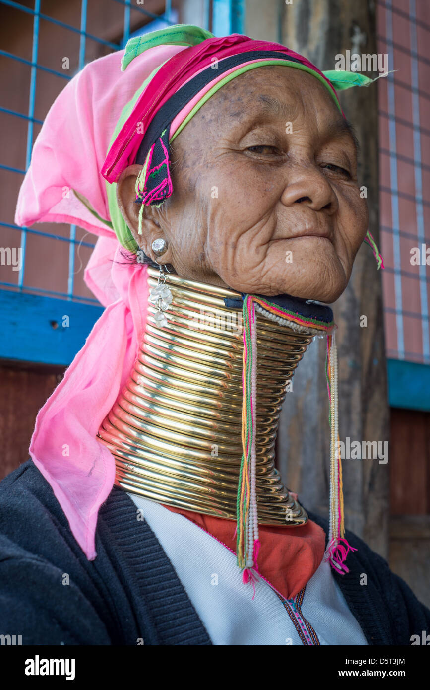 Padaung Lady with stretched neck bands Stock Photo