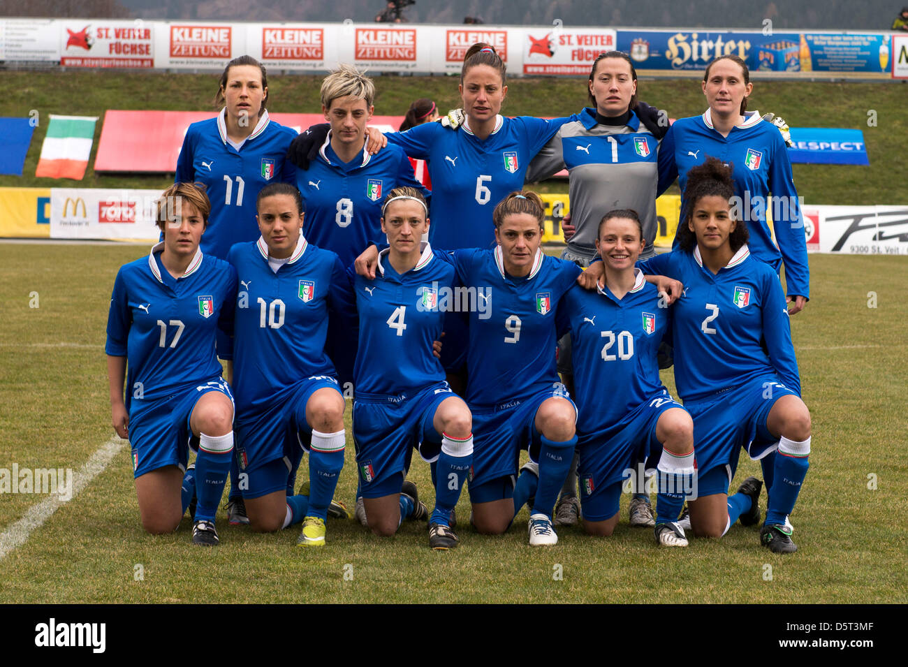 Italy team group line-up (ITA), APRIL 7, 2013 - Football / Soccer : International Friendly match between Austria 1-3 Italy at Jacques Lemans Arena Stadium in Sankt Veit an der Glan, Austria. (Photo by Maurizio Borsari/AFLO)<br>(Top raw L-R) Elisa Camporese, Melania Gabbiadini, Raffaella Manieri, Chiara Marchitelli, Elisabetta Tona, (Bottom raw L-R) Federica Di Criscio, Alice Parisi, Alessia Tuttino, Patrizia Panico, Daniela Stracchi, Sara Gama Stock Photo